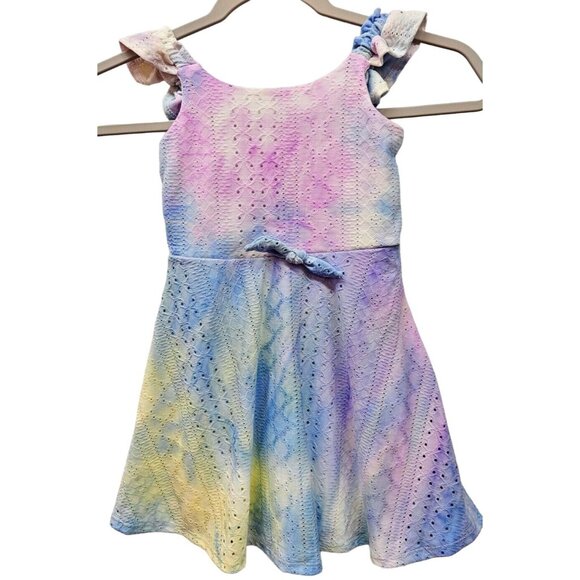 Love To Be Loved Pastel Watercolor Tie Dye Eyelet Knit Sun Dress Toddler Girl 4T - Picture 1 of 7
